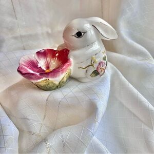 Floral Ceramic Bunny with Pink Flower Bowl Easter Decor, Egg or Candle Holder